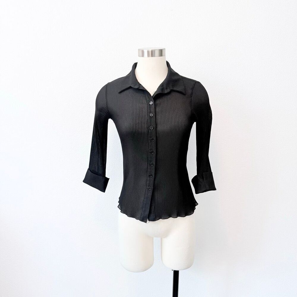 Fashion Art Black Y2K Crinkle Button Down Blouse Shirt Top Large L